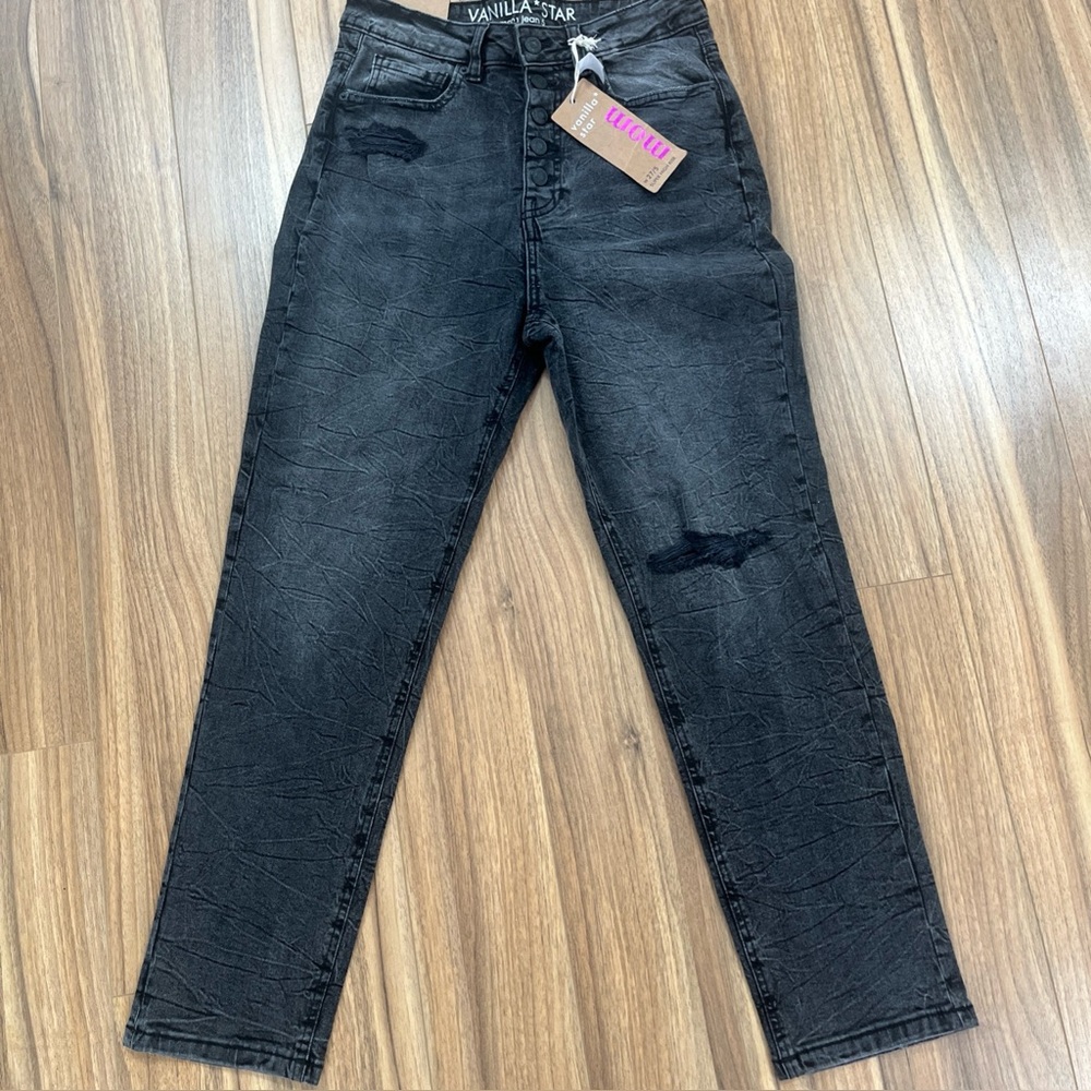 NWT Vanilla Star Women's Super High Rise Mom Jeans Distressed BLACK Size W27/5
